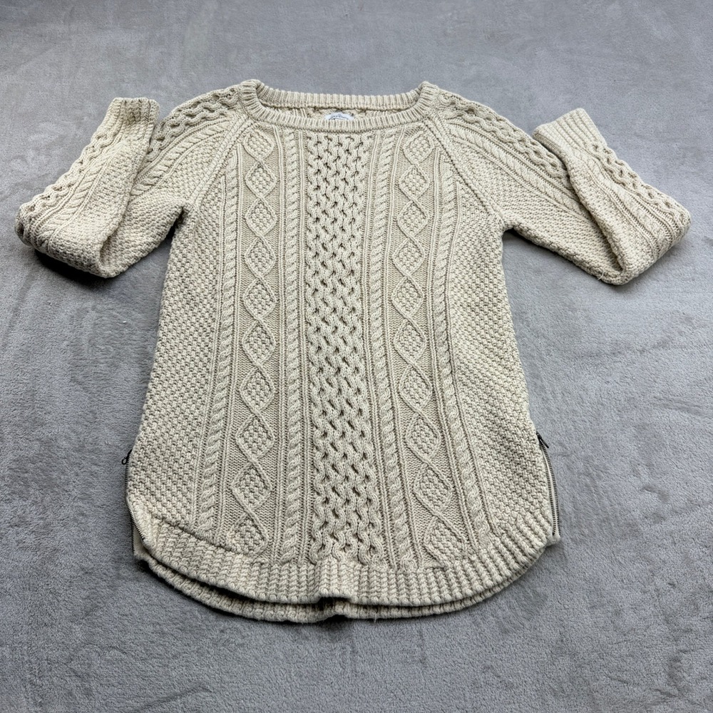 LL Bean Signature Sweater Womens M Beige Cable Knit Side Hygge Coastal Grandma